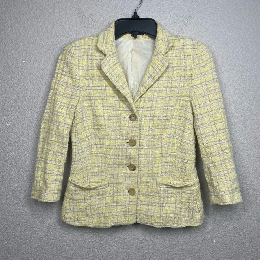 Theory Size 2 Tweed Blazer Jacket Yellow Plaid Cotton Single Breasted Pockets - Picture 1 of 8